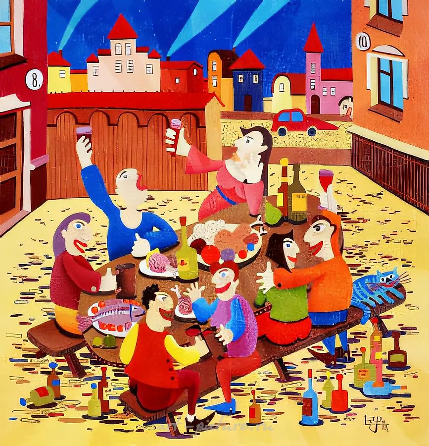 Пир, 1997, холст, масло, 70x70. Частная коллекция, США