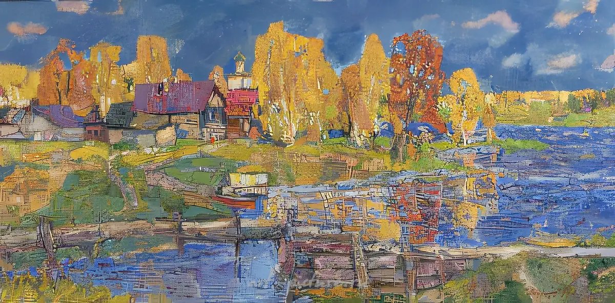Деревня на реке Ельнат, 1997, масло на холсте, 50x100