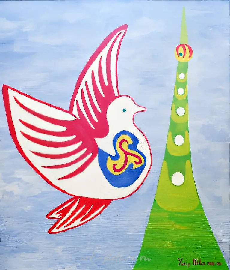 Голубь у телевышки, 1998, холст на картоне, масло, 39,6x35,2. Собственность автора