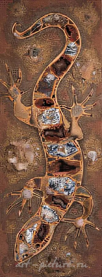Ящерица, бегущая вниз., 1998, мозаика (агаты, тигровый глаз, кварцевые друзы, речная галька), 140x55