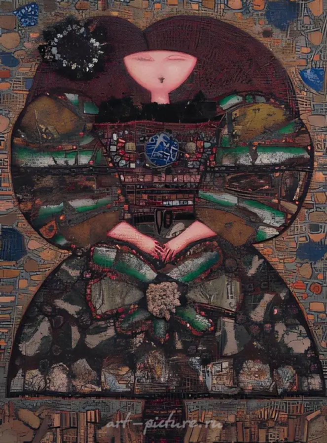 Инфанта в зеленом., 1998, мозаика (хризопраз, лазурит, аметист, сердолик, амониты), 145x105