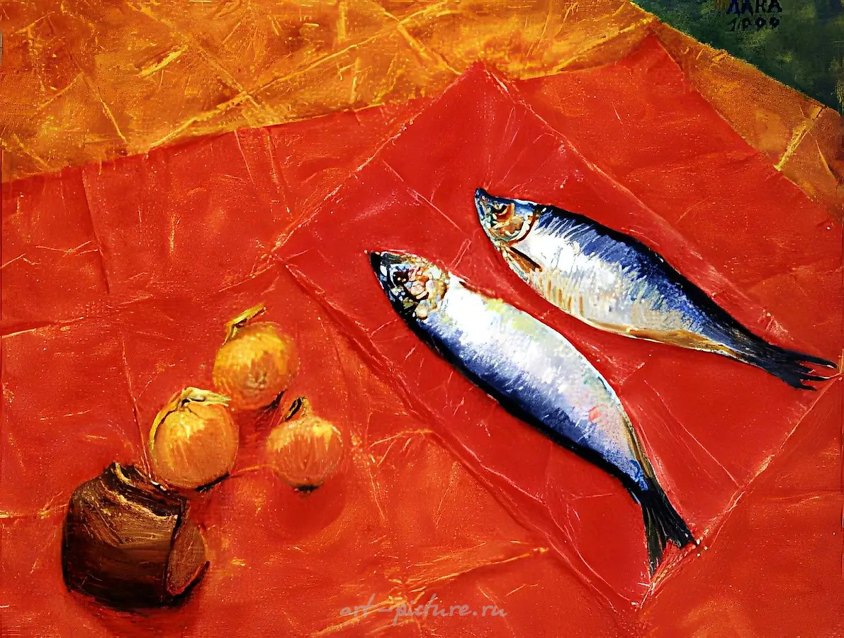 Натюрморт с селедками., 1999, холст, масло, 50х65 Собственность автора