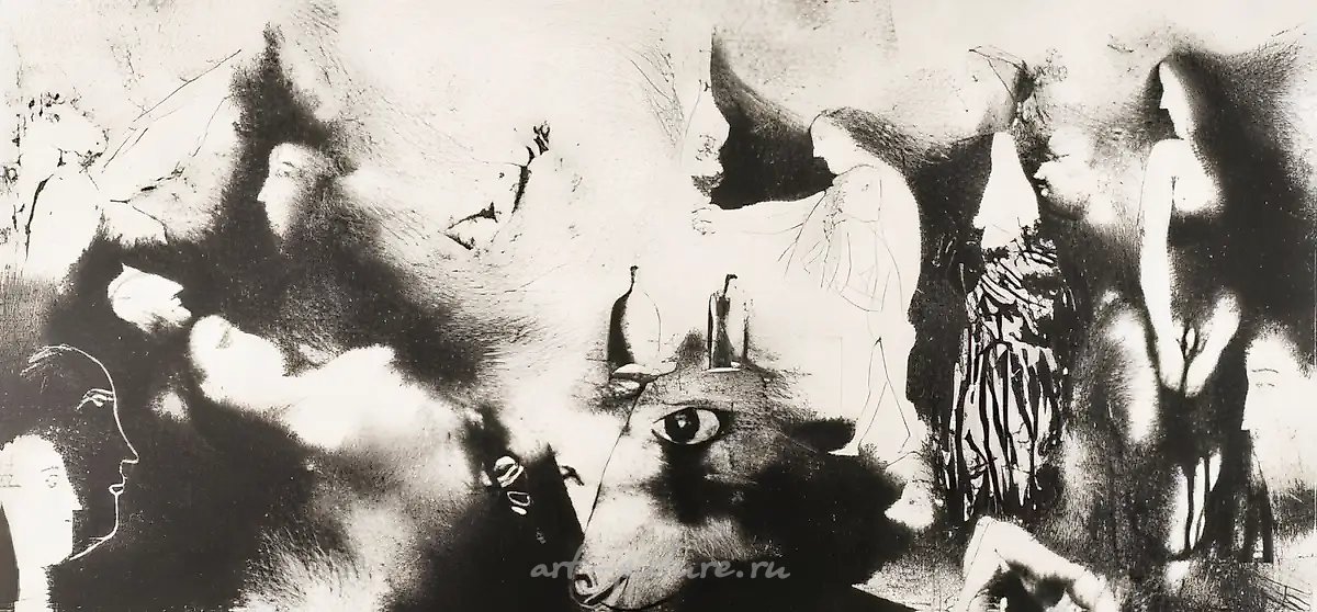 最后一小时,1985年,纸本,蚀刻版画,32×65厘米。《纪念马克·夏加尔》系列。第3幅。
