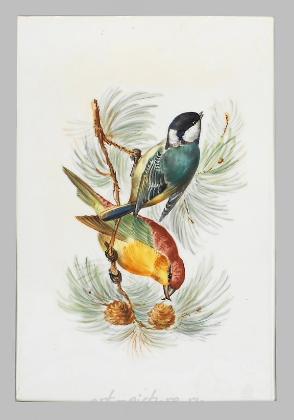 Porcelain picture with motif "Birds on pine branch"