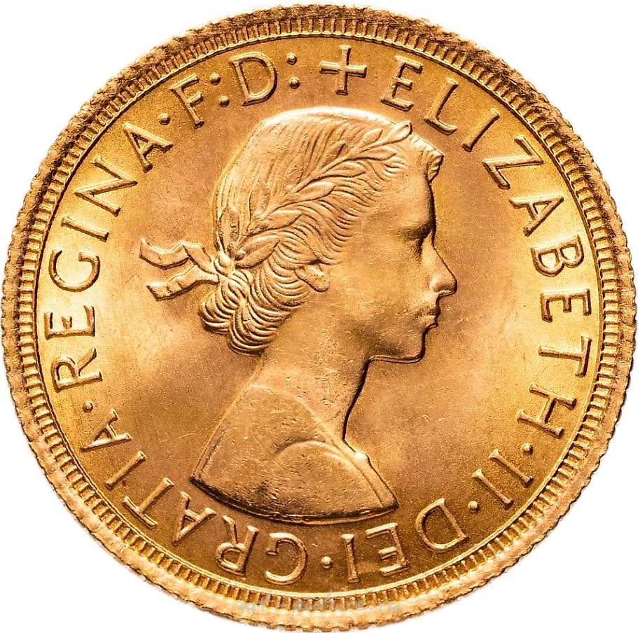 Великобритания 1 соверен (sovereign) 1966 с портретом королевы Елизаветы - святой Георгий с драконом