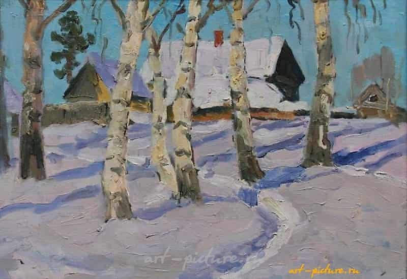 "Winter in Gusino. Cardboard, oil. 20 x 30 cm."