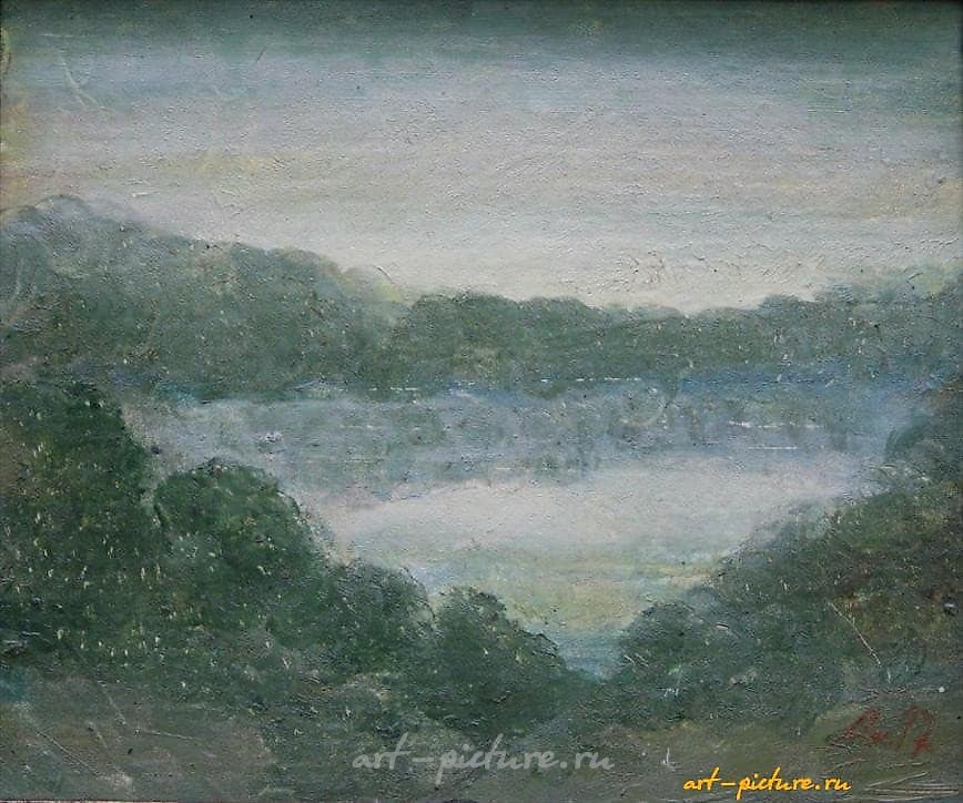 The text translates to: "Morning of Akatovo. Cardboard, oil. 19 x 22 cm."