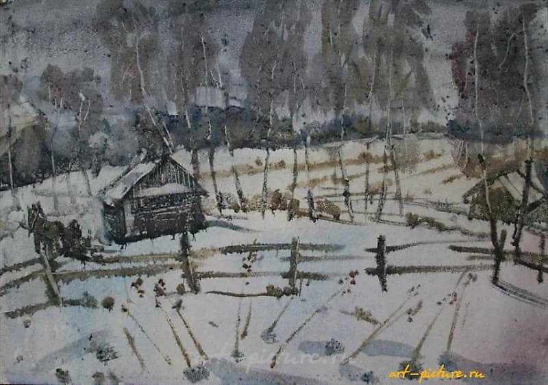 "March in the village. Watercolor. 50x70"