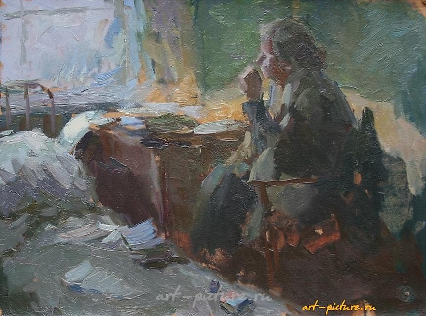 Teacher. Cardboard, oil. 26 x 35 cm