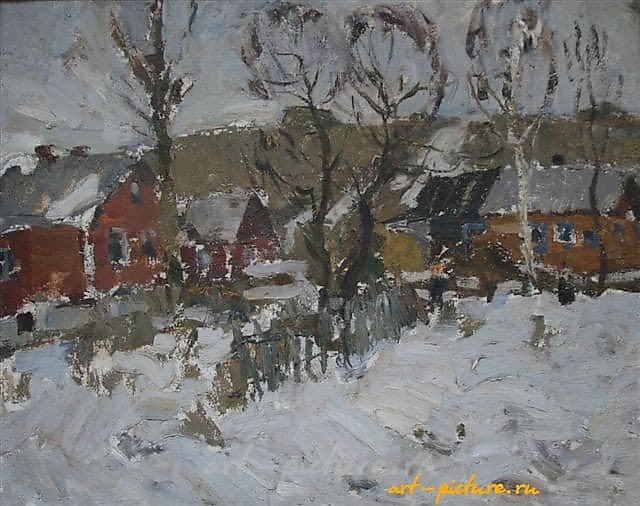 Деревня Астрогань. Конец зимы. Картон, масло. 40 х 50 см