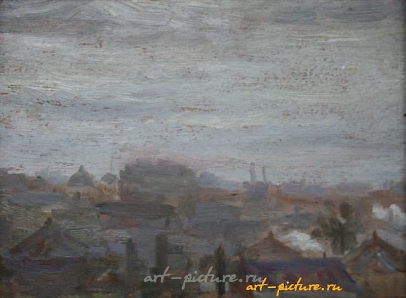 "At Stalin's Factory. Cardboard, oil. 23 x 30 cm"