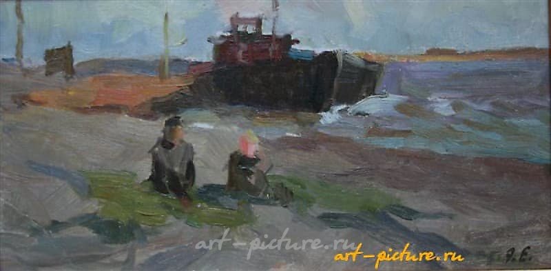 On the river. Cardboard, oil. 14 x 27 cm.