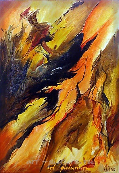 The translation of the text "Языки пламени масло, холст" into English is "Flames, oil, canvas."