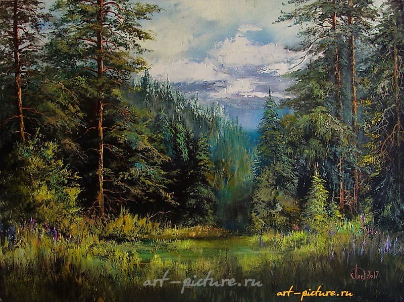 The translation of the text "Лесная поляна масло, холст" into English is "Forest glade oil, canvas."