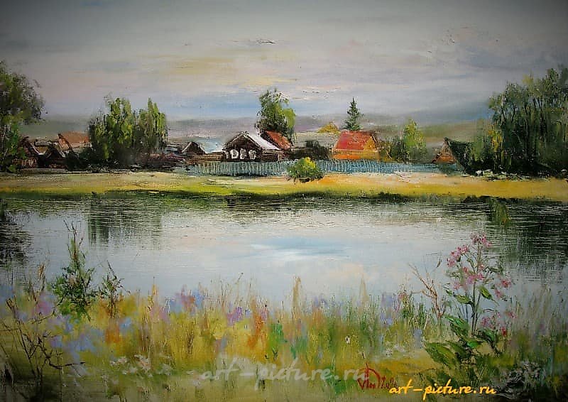 The translation of "В спокойном течении масло, холст" into English is "In calm flow, oil, canvas."