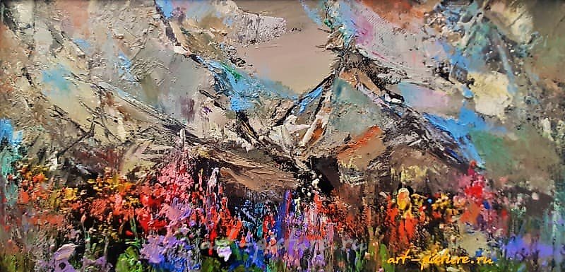 The translation of "Горная щель масло, холст" into English is "Mountain crevice oil, canvas."