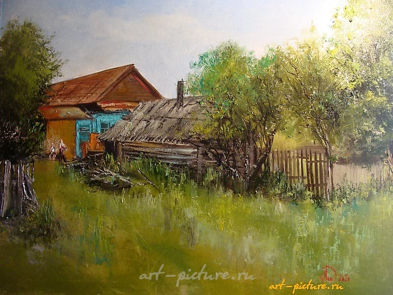 The translation of the text into English is: "House with a garden and a bathhouse, oil, canvas."