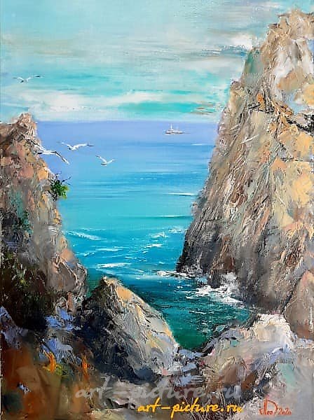 The translation of the text "Крым. Скала Дива масло, холст" into English is "Crimea. Diva Rock oil, canvas."