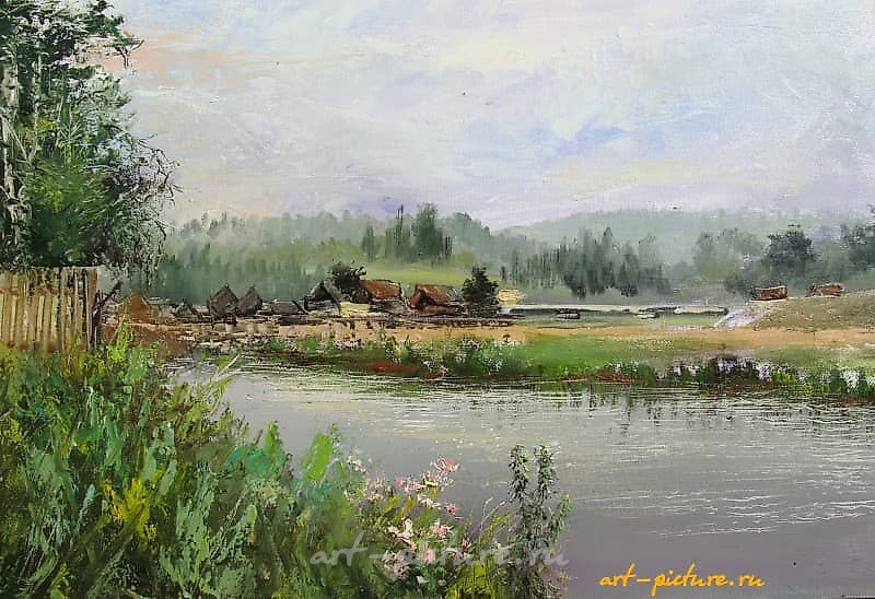 The translation of "Река Дарья масло, холст" into English is "River Darya oil, canvas."