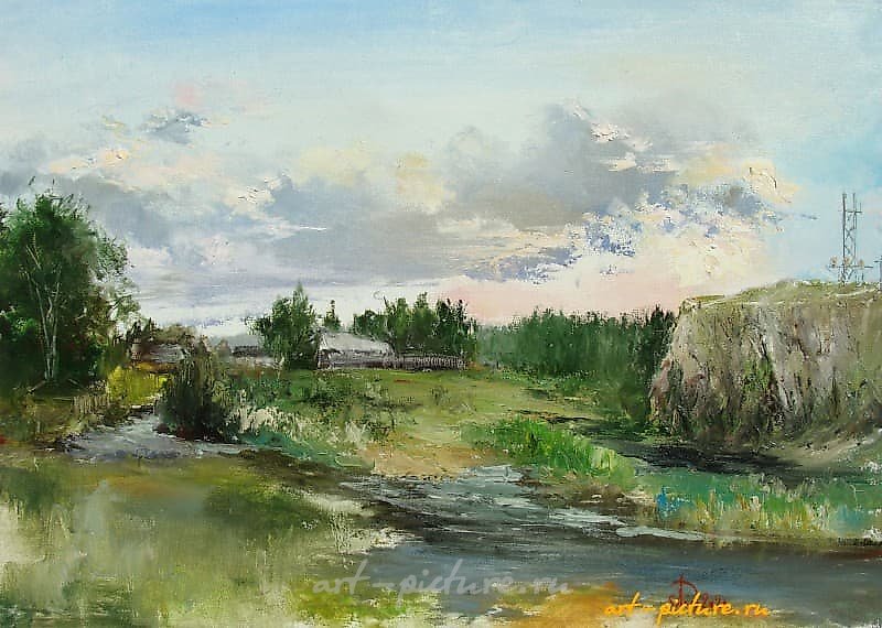 The translation of the text "Речка Дарья масло, холст" into English is "River Darya oil, canvas."