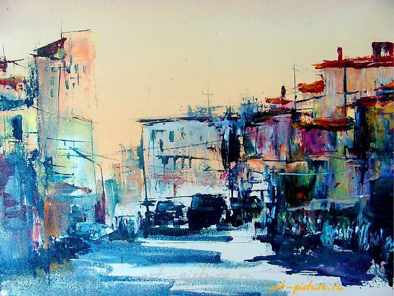 The translation of "Город G акрил, холст" into English is "City G acrylic, canvas."
