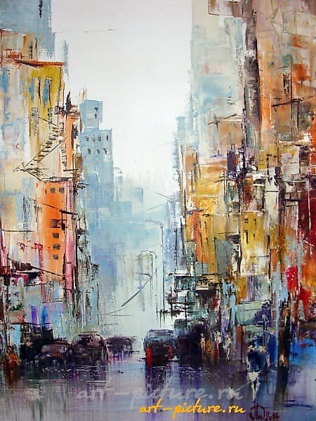 The translation of "Город N акрил, холст" into English is "City N acrylic, canvas."