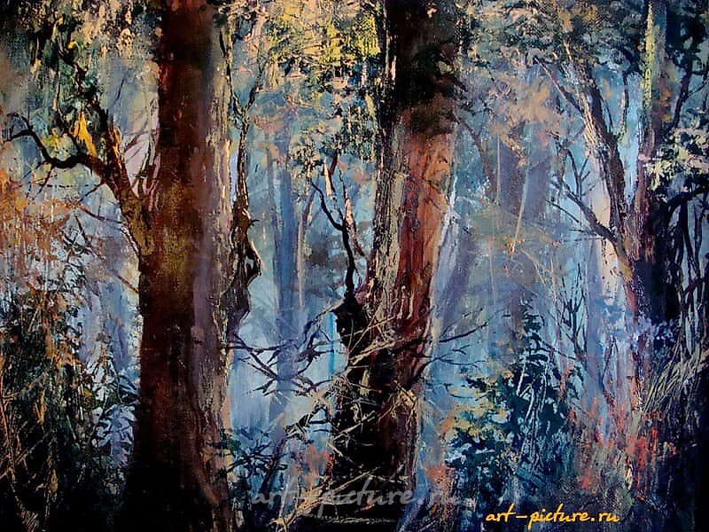 The translation of "Сиреневый лес масло, холст" into English is "Lilac forest oil, canvas."