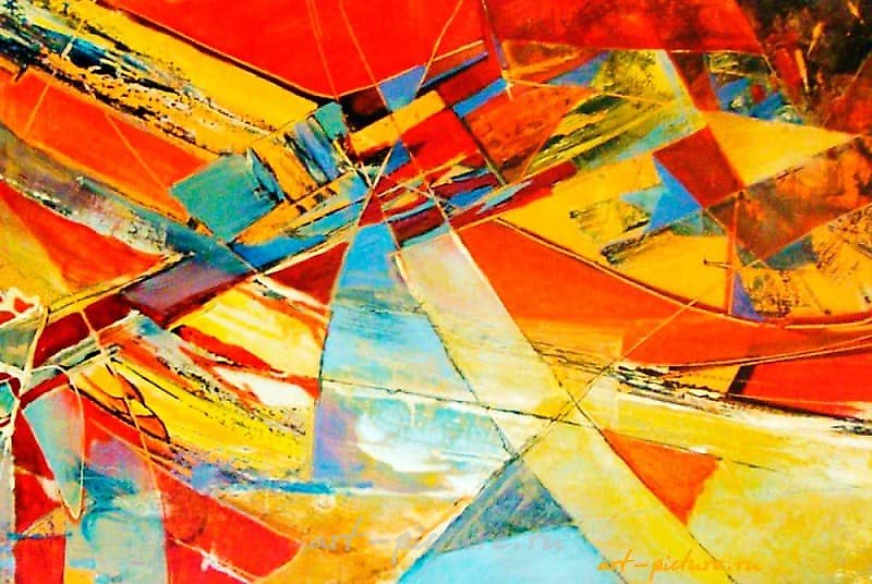 "Composition in red and yellow, oil on canvas."