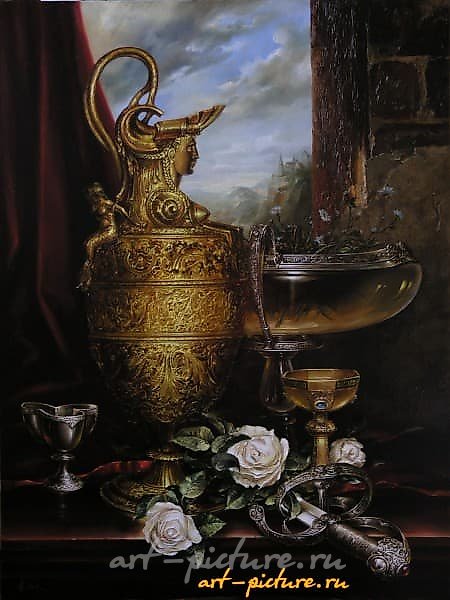 静物画与金色花瓶 布面油画