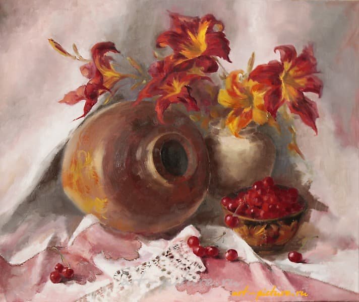 The translation of "Лилейники масло, холст" into English is "Daylilies oil, canvas."