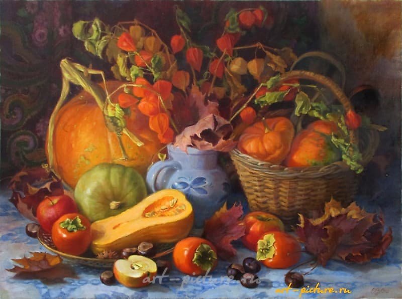 "Pumpkins, persimmons, and dry leaves oil, canvas"