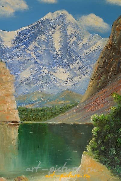 在山间湖泊旁的油画