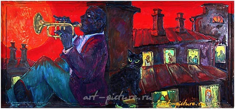 The text translates to: "Trumpeter at Sunset 130x85 untitled Canvas, oil."
