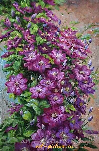 The translation of the text from Russian to English is "Clematis bush. Canvas. Oil."