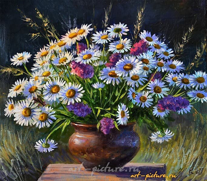 "Daisies, canvas on cardboard. Oil."