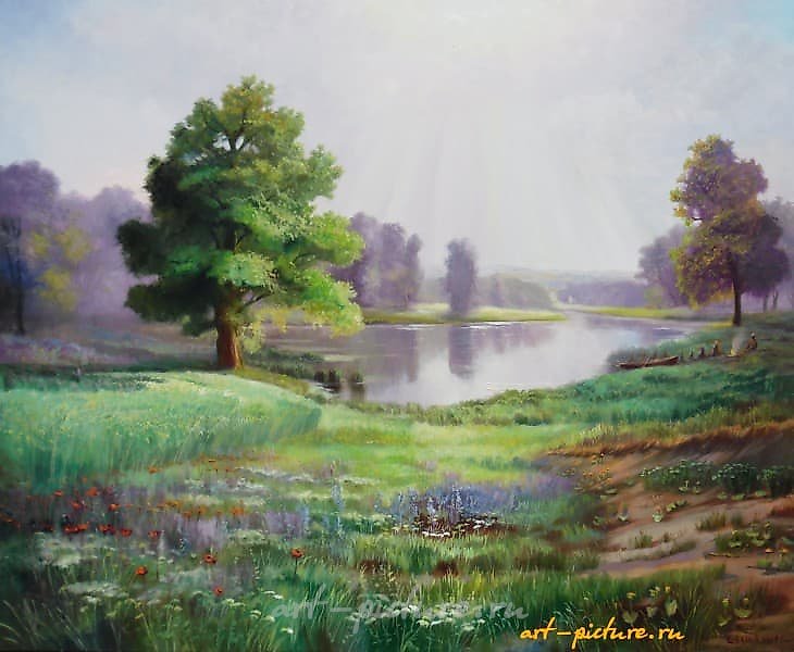 The translation of the text "После дождя Масло , холст" into English is "After the rain Oil, canvas."