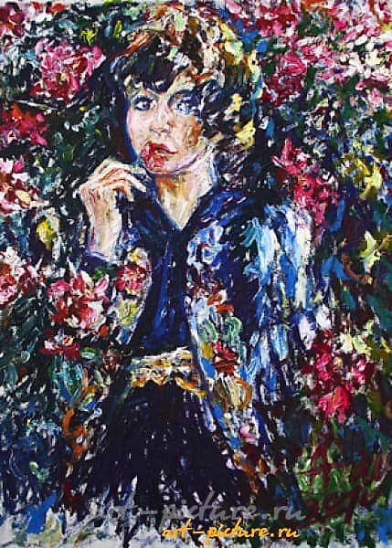 "女孩在花的环绕中" 油画,混合媒介