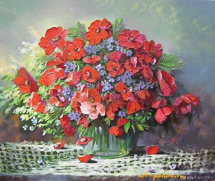 "Poppies and forget-me-nots Oil, canvas, acrylic, palette knife"