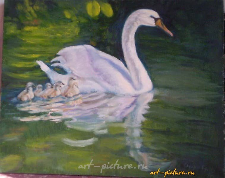The text translates to "Swan family oil, canvas" in English.