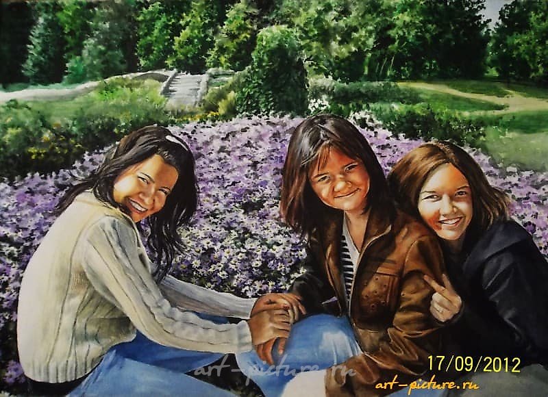 The translation of "Подруги Акварель, бумага" into English is "Friends, watercolor, paper."