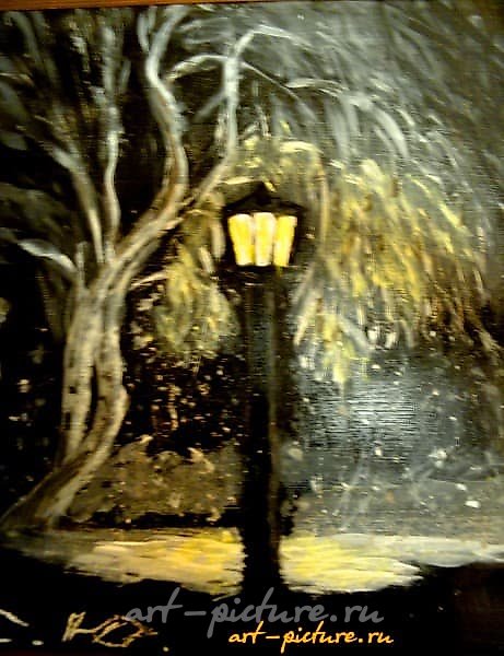 The text translates to: "Night, street, lamp, but without a pharmacy. Oil, hardboard."