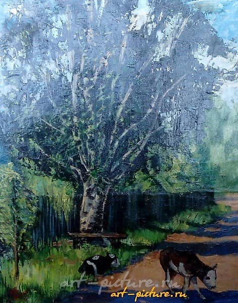 The translation of "Береза Масло, холст" into English is "Birch Oil, canvas."