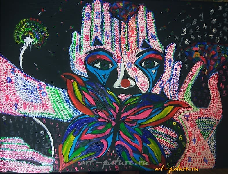 The translation of the text "Перевоплощение Холст, акрил" into English is "Transformation Canvas, acrylic."