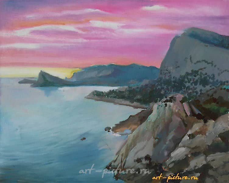 The translation of "Крым закат масло холст" into English is "Crimea sunset oil on canvas."