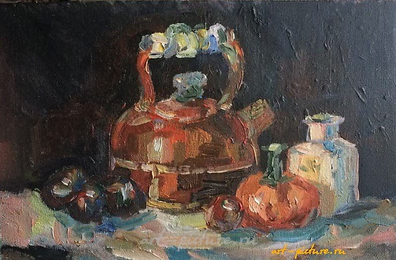The translation of the text is: "Still life with a kettle, oil, cardboard."