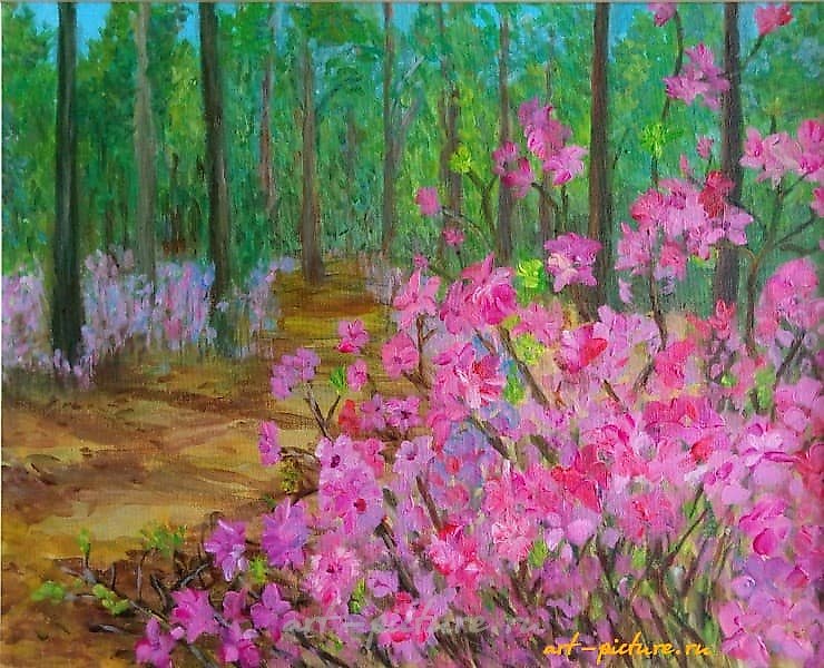 The translation of the text "Багульник Холст, акрил" into English is "Moschatel on Canvas, acrylic."