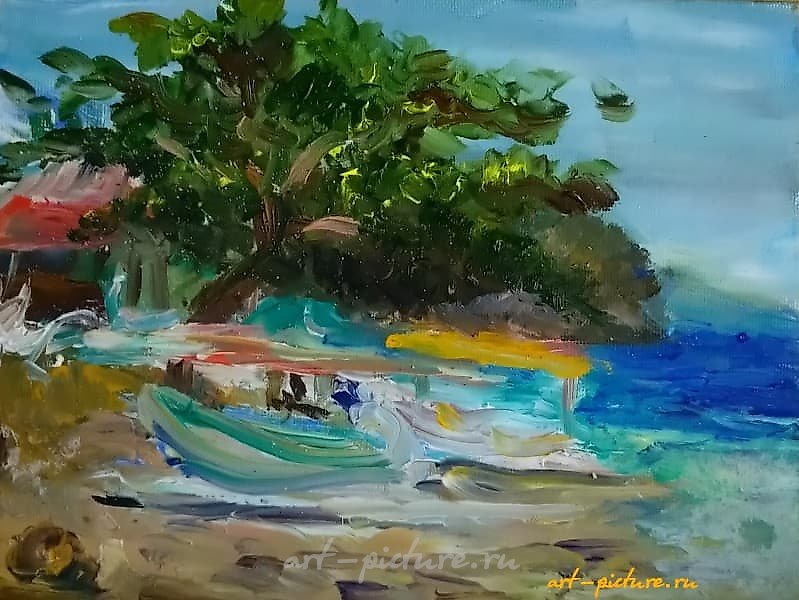 "Boats on the shore. Bali, oil on canvas."