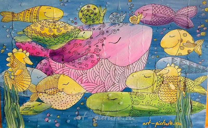 Aquarium Canvas on stretcher frame, acrylic, liner, pearl marker