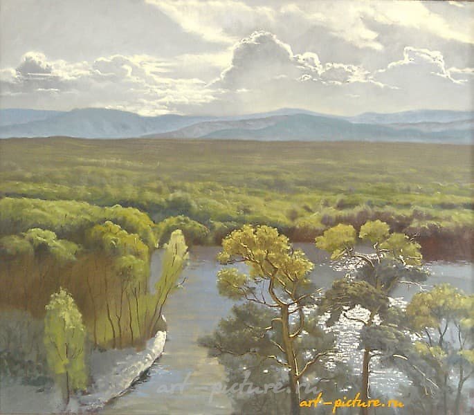 The translation of the text "Ожидание. масло, холст" into English is "Expectation. oil, canvas."