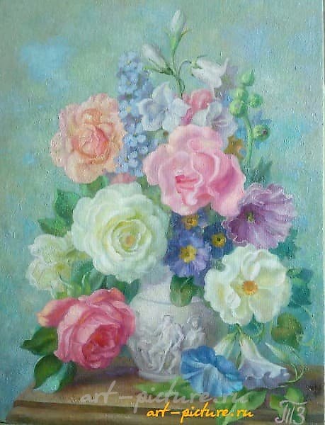 The translation of "Розы холст, масло" into English is "Roses canvas, oil."